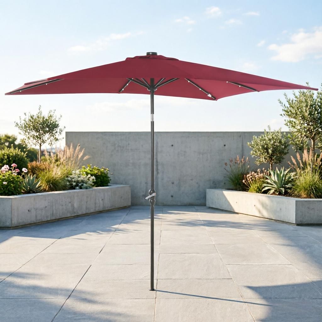 Solar Umbrella 9' X 7' LED Lighted Patio Umbrella with Tilt & Crank Function Wine Red for Outdoor Garden Deck Backyard Pool Beach