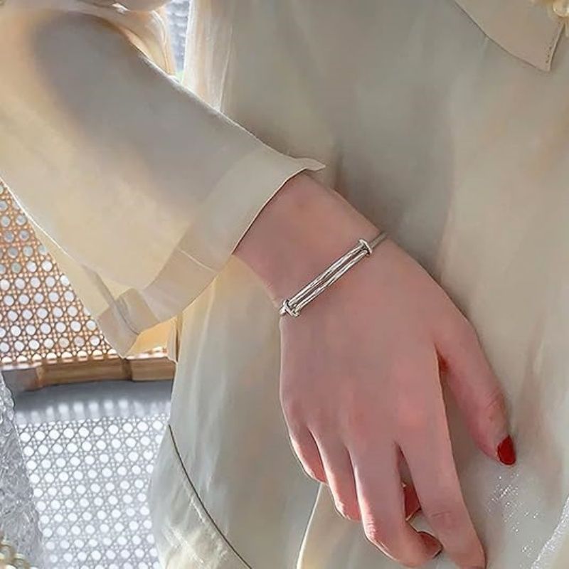 Solid 925 Sterling Silver Bracelets for Women Simple Adjustable Bangle Bracelet