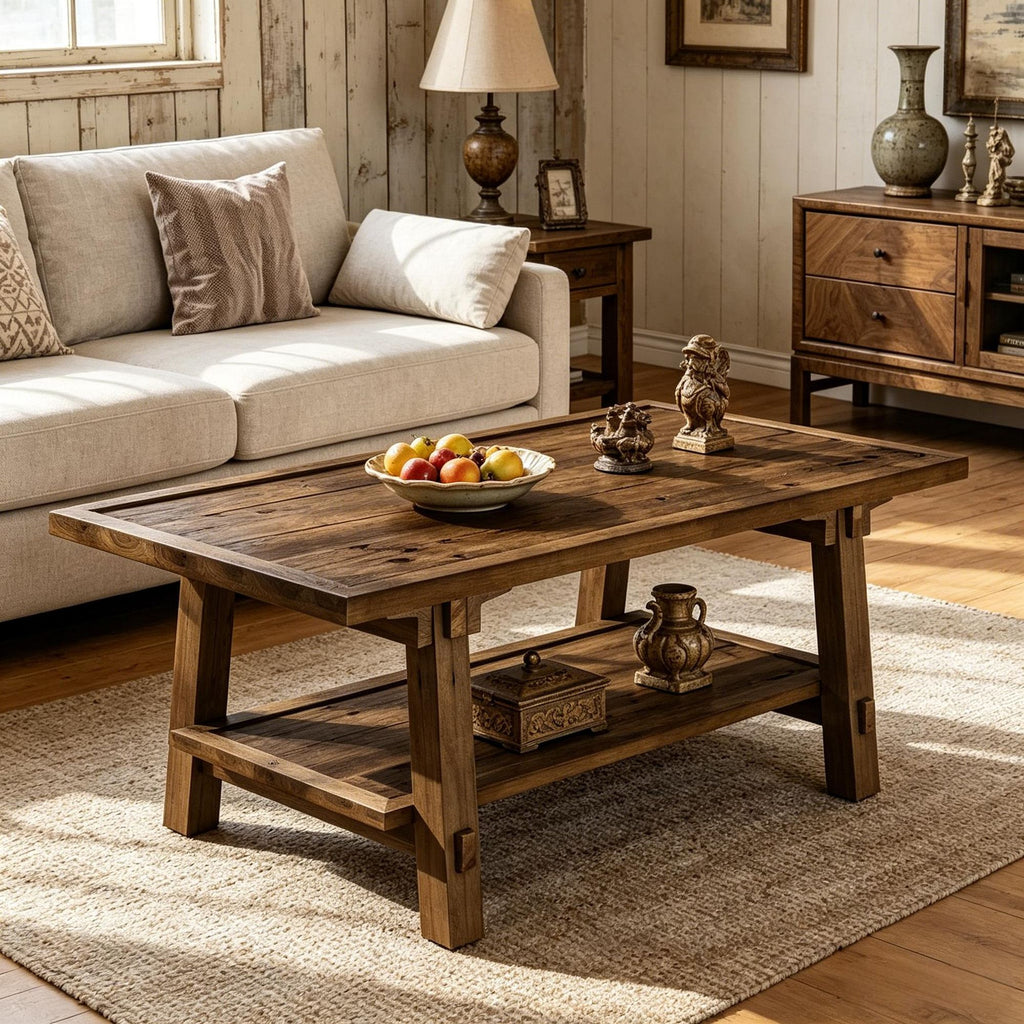 Solid Wood Coffee Table 47" Rectangle Center Table with 2-Tier Shelves Living Room Furniture Rustic Industrial Style