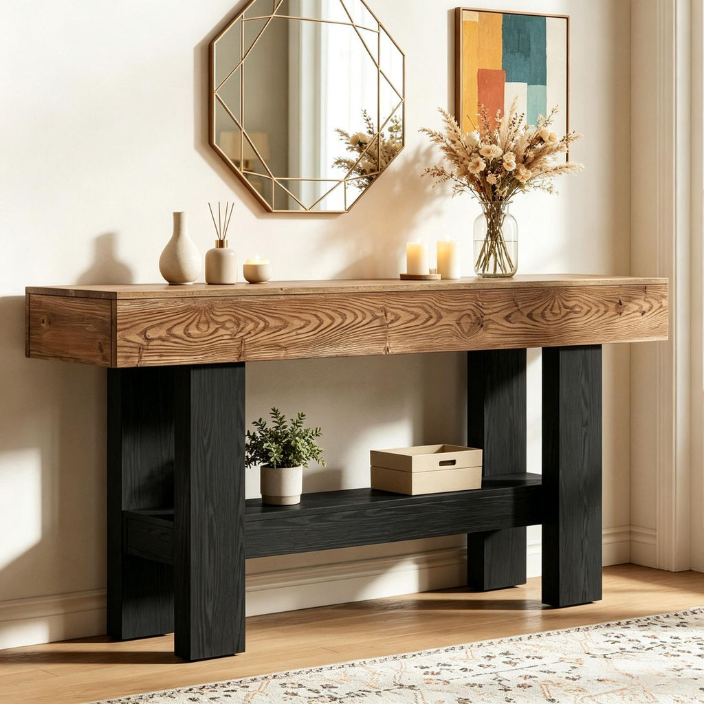 Solid Wood Console Table 63 Inch Narrow Sofa Table with Storage Shelf Living Room Decorative Table