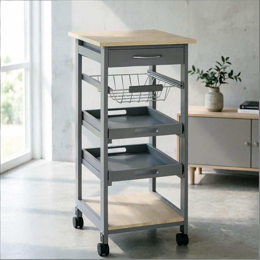 Solid Wood Mobile Kitchen Cart Rolling Island with Storage Wire Fruit Baskets Trays Drawers Utility Cart for Kitchen Organization