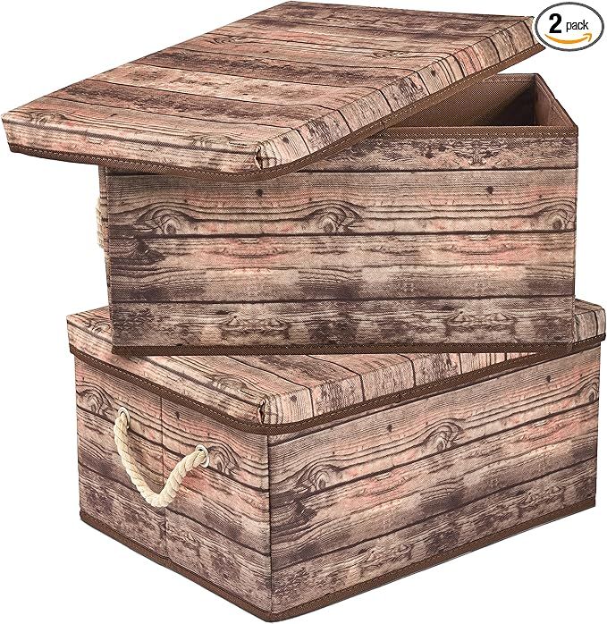 Sorbus Storage Box Set with Lid, Carry Handles, Foldable Frame, Rustic Wood Grain Print Bins, Great for Toys, Memorabilia, Closet, Office, Bedroom, 2-Pack (Wood Box Set - Brown)