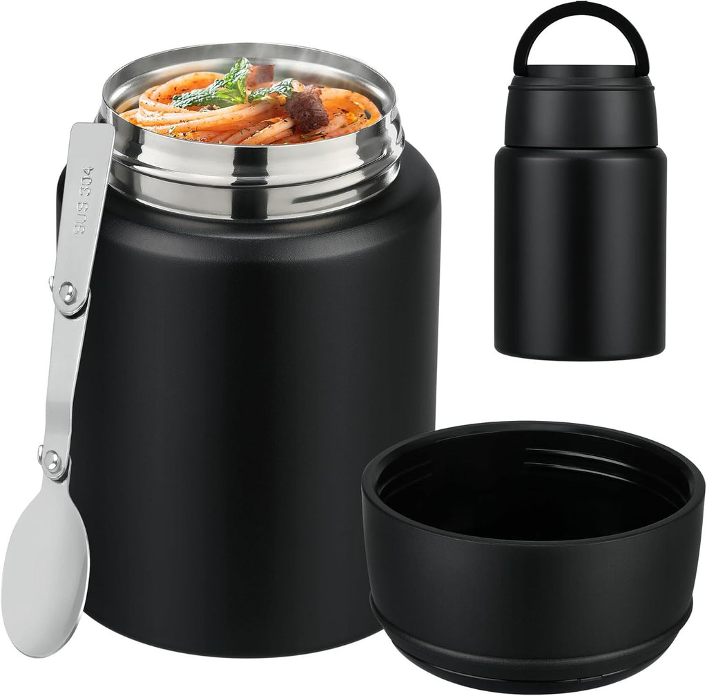 Soup Thermo for Hot Food Kids 16oz Insulated Food Jar Leakproof Thermo Lunch Container for Kids Wide-Mouth Stainless Steel Lunch Box for School with Handle Folding Spoon
