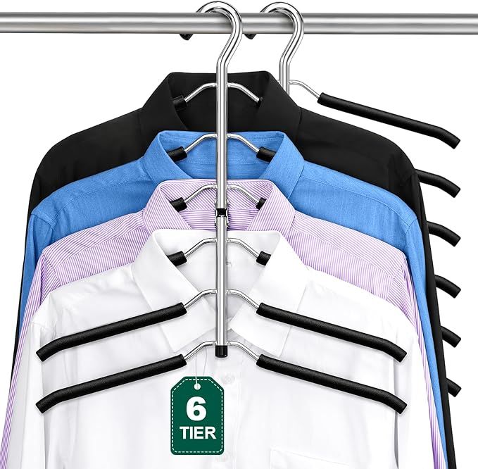 Space Saving 6 Tier Coat Hangers - Non Slip Foam Padded, Black Metal Sweater & T Shirt Hangers for Men & Women, 2 Pack Closet Organizers