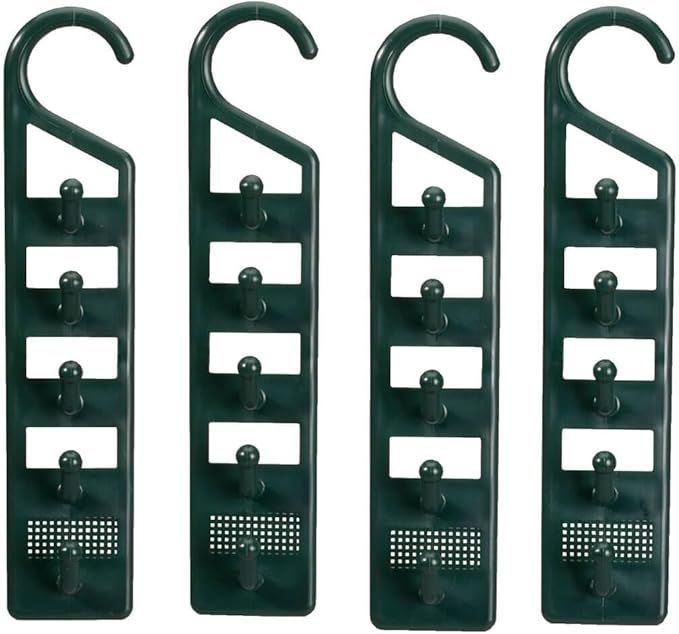 Space Saving Closet Hanger Holders – Set of 4 Durable Green Plastic Organizers with 5 Vertical Hooks Each – Maximize Wardrobe Space for Clothes, Belts, Scarves & Accessories
