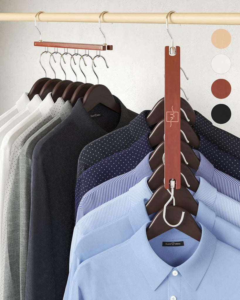 Space Saving Hangers for Closet – 4 Pack European Beechwood 6-Tier Shirt Organizer with 360° Swivel Hook – Collapsible Clothes Hanger for Closet Organization (Hangers Not Included)