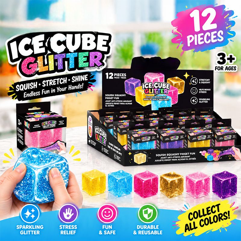 Sparkle Glitter Ice Cube Stretch Fidget Toy, Soft TPR Squish Squeeze Sensory Toy, Anxiety Relief Decompression Toy 2 Pack Random Color