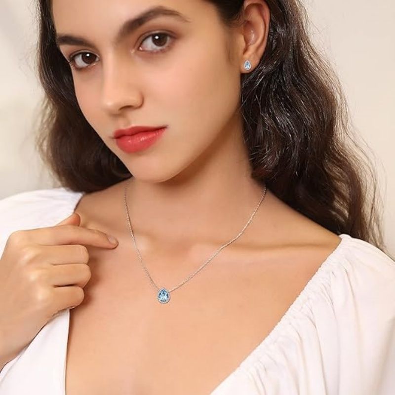 Sparkling 925 Sterling Silver Birthstone Necklaces for Women, Created Heart/Round/Teardrop/Square Crystal Solitaire Pendant Diamond Necklace, Great Birthday/Anniversary/Wedding Gifts