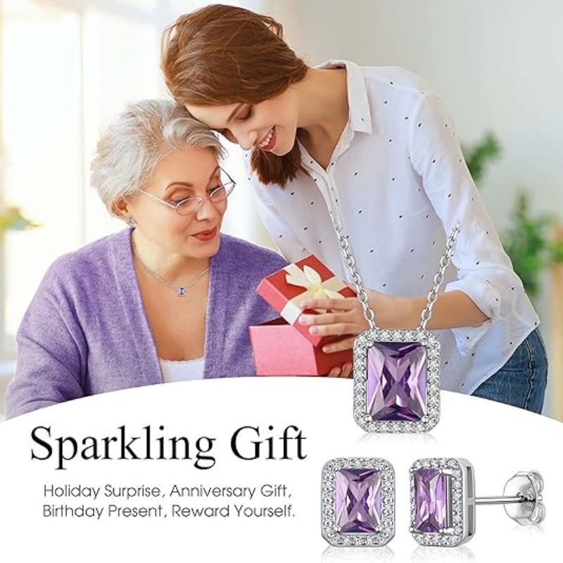 Sparkling 925 Sterling Silver Birthstone Necklaces for Women, Created Heart/Round/Teardrop/Square Crystal Solitaire Pendant Diamond Necklace, Great Birthday/Anniversary/Wedding Gifts