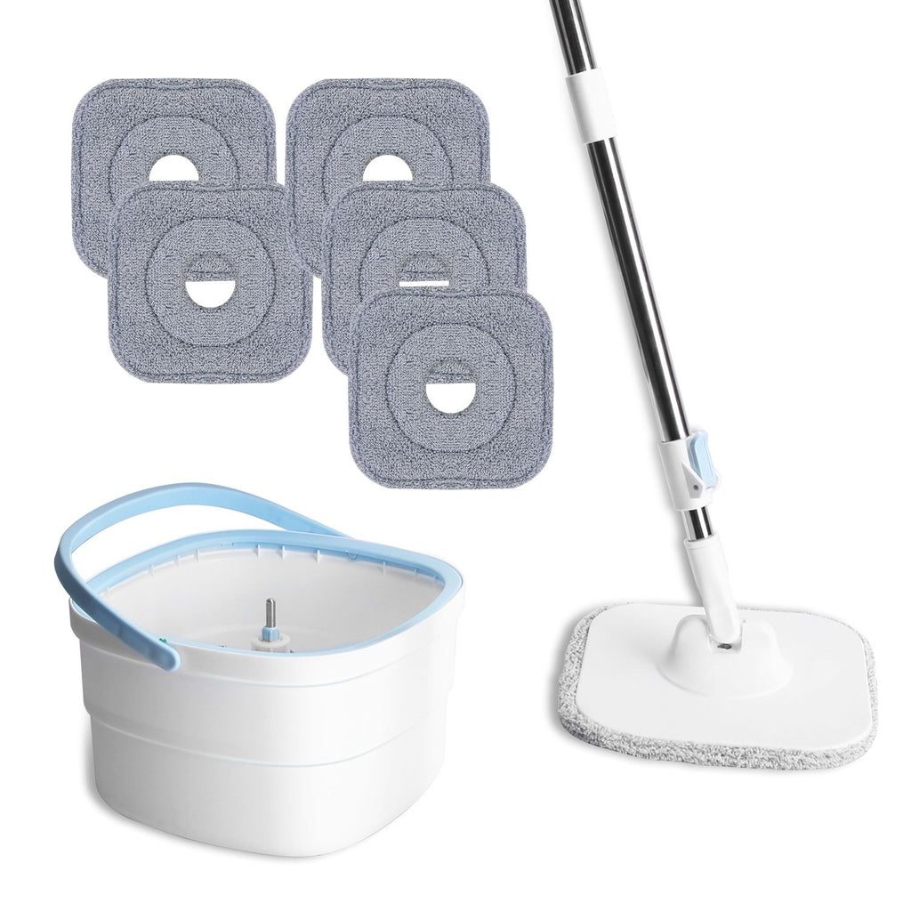 Spin Mop and Bucket with Wringer Set Flat Floor Mop with Clean and Dirty Water Separate System 2 Replaceable Reusable Washable Microfiber Mop Pads
