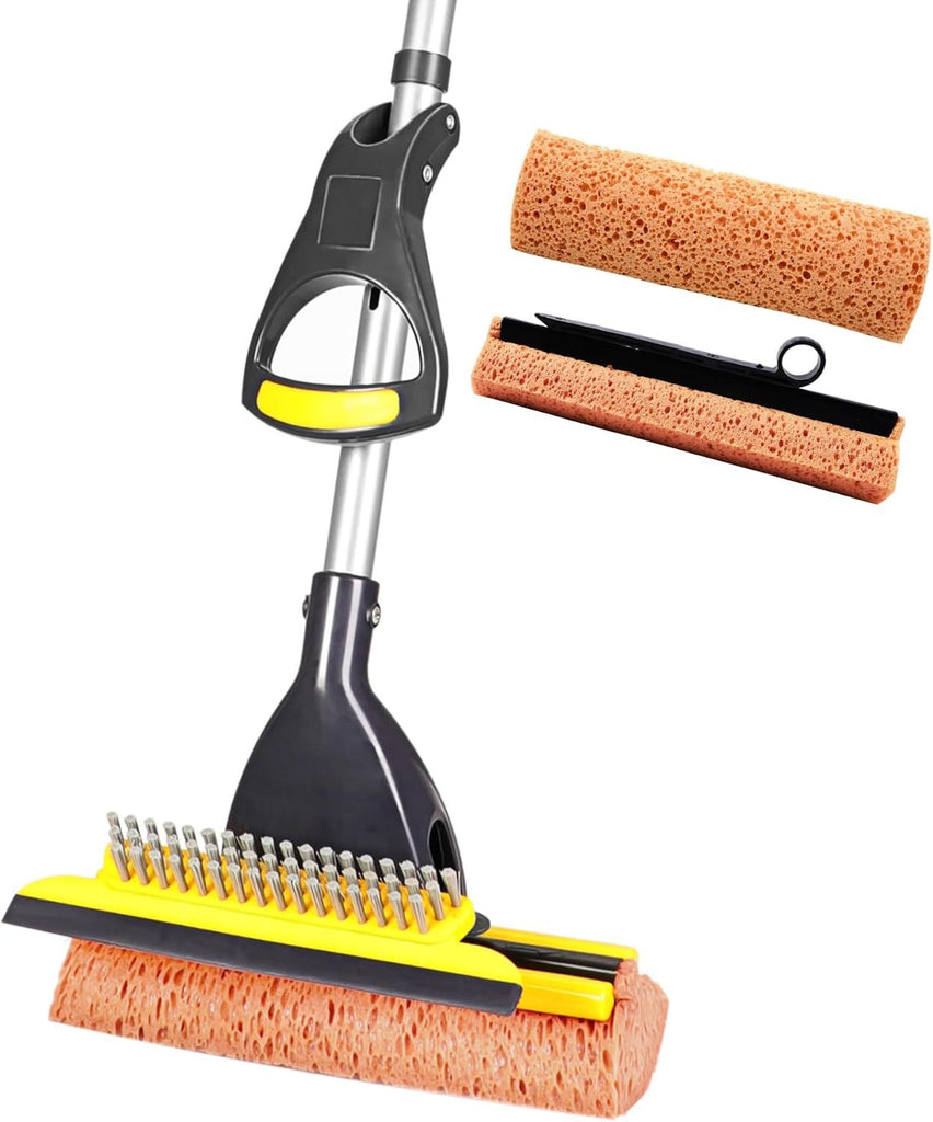Sponge Mop Home Commercial Use Tile Floor Bathroom Garage Cleaning Total 2 Sponge Heads NOT 3 Telescopic Handle Squeegee from 42.5 to 52 Inches Easily Dry Wringing only 2 Heads