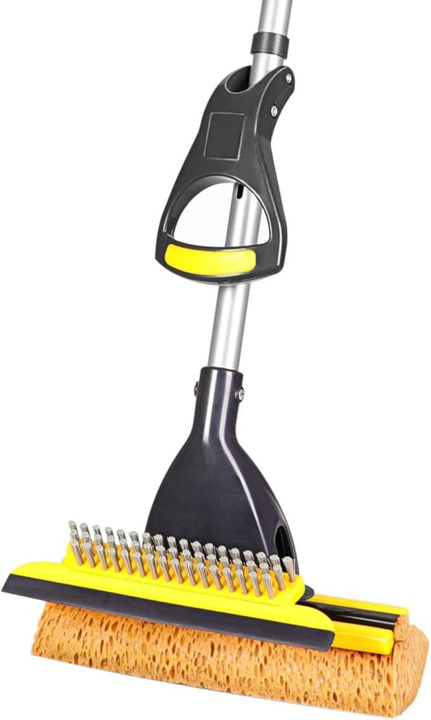 Sponge Mop Home Commercial Use Tile Floor Bathroom Garage Cleaning with Squeegee and Extendable Telescopic Long Handle 42-52 Inches Easily Dry Wringing