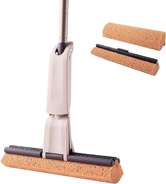 Sponge Mop with 1 Extra Reusable Absorbent Sponge Refills, Easy Squeeze, Self Wringing Mops for Kitchen Bathroom Office Hardwood Laminate Tile Marble Ceramic Floors Cleaning