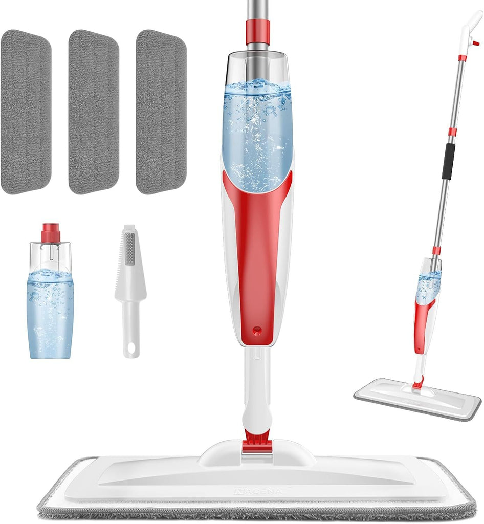 Spray Mop for Floor Cleaning, Dust Mop with 420 ml Refillable Bottle and 3 Pcs Washable Pads Dry Wet Floor Mop for Household or Commercial Use for Hardwood Laminate Tile Ceramic, Red&White