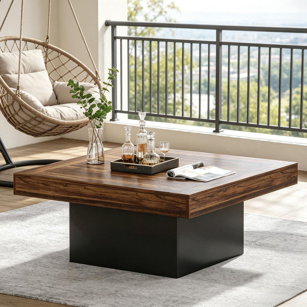 Square Coffee Table Farmhouse Wood Cocktail Table with LED Light
