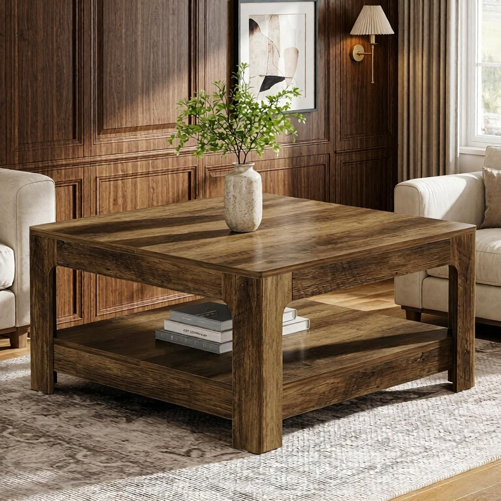 Square Coffee Table with Storage Shelf Modern Living Room End Table