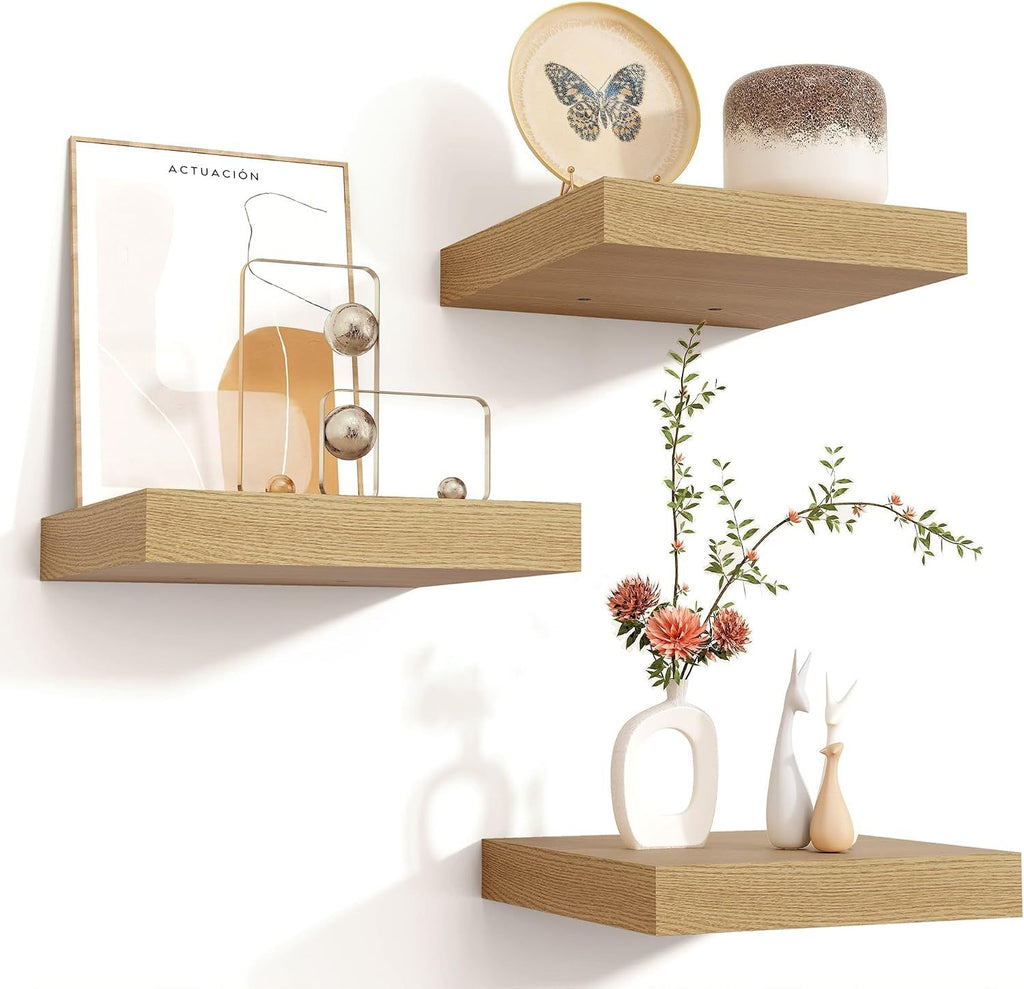Square Floating Shelves for Wall 8"W x 8"D x 1.2"H, Small Engineered Wood Wall Shelves with Invisible Brackets for Living Room Bedroom Bathroom Office Kitchen Storage & Decor, Oak Finish, Set of 3