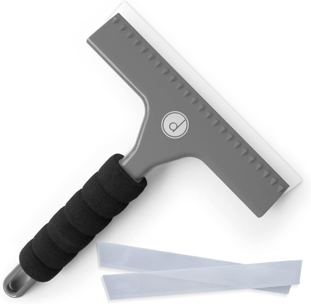 Squeegee for Shower Door, Car Windshield, and Glass Window - 2 Extra Silicone Replacement Blades - Foam Handle - Gray