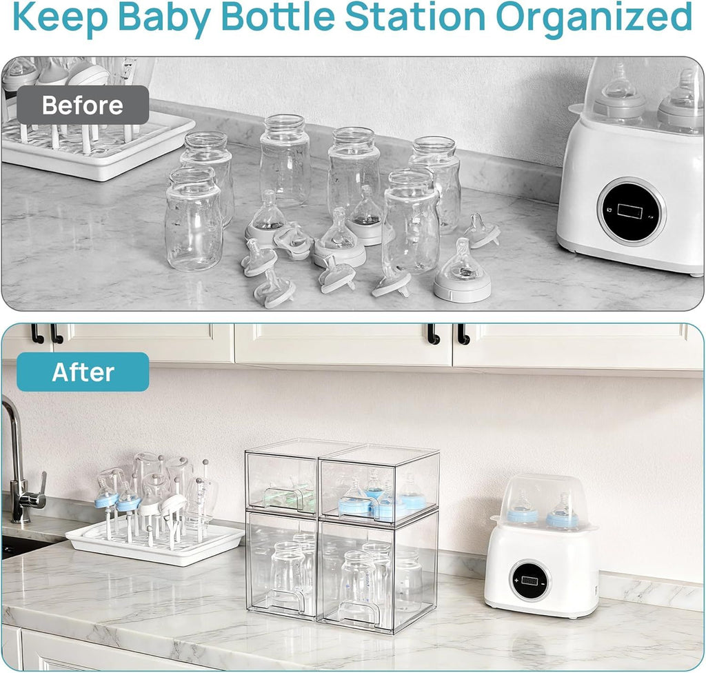 Stackable Storage Drawers Set of 5, Clear Plastic Organizer Bins for Baby Bottle, Beauty Supplies Storage, Ideal for Kichen Countertop, Vanity, Bathroom, Cabinet, Pantry Organization