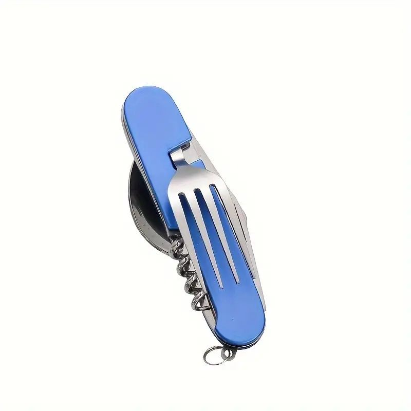 Stainless Steel 6-in-1 Multi-Tool Cutlery Set, Folding Pocket Knife with Fork, Spoon, Can Opener, Corkscrew, and Bottle Opener, Versatile Outdoor Survival Gear, with Varnished Finish for Camping, Hiki