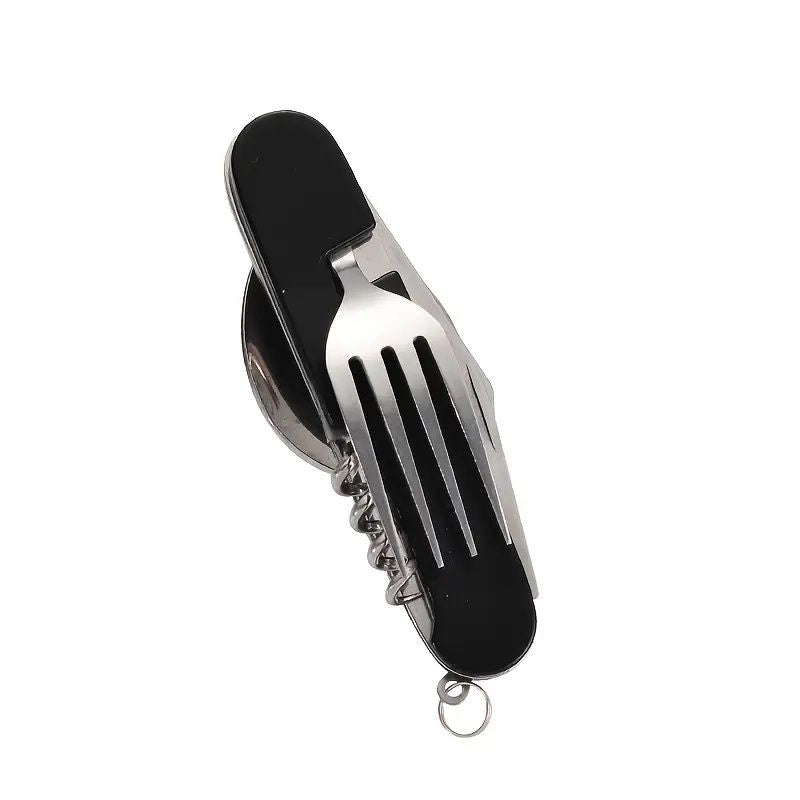 Stainless Steel 6-in-1 Multi-Tool Cutlery Set, Folding Pocket Knife with Fork, Spoon, Can Opener, Corkscrew, and Bottle Opener, Versatile Outdoor Survival Gear, with Varnished Finish for Camping, Hiki
