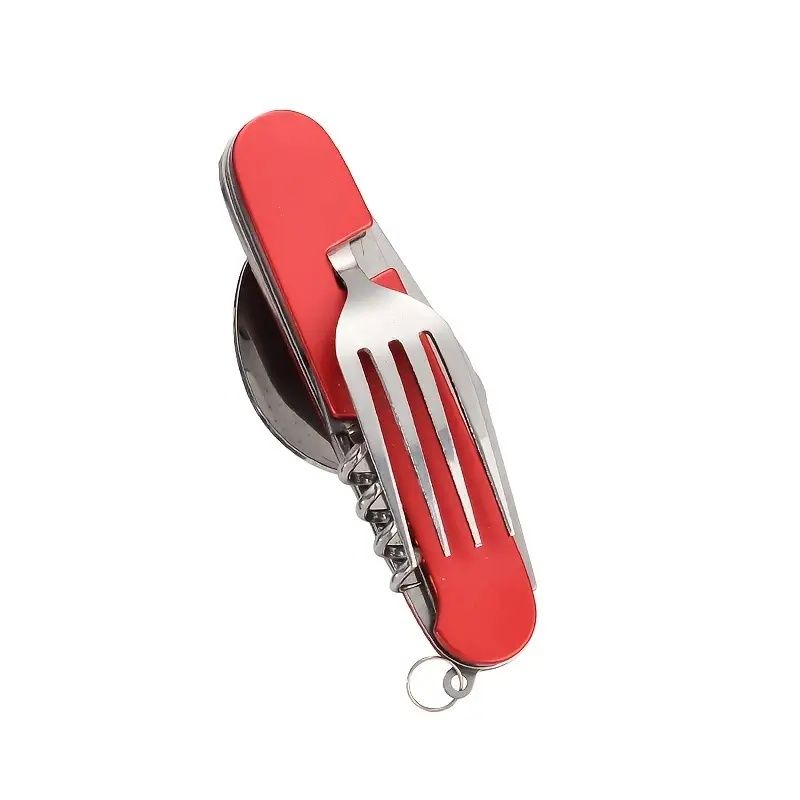 Stainless Steel 6-in-1 Multi-Tool Cutlery Set, Folding Pocket Knife with Fork, Spoon, Can Opener, Corkscrew, and Bottle Opener, Versatile Outdoor Survival Gear, with Varnished Finish for Camping, Hiki