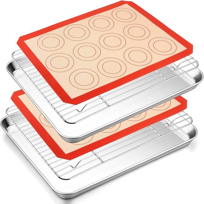 Stainless Steel Baking Sheet, 16inch Baking Pans Cookie Sheets for Baking with Cooling Rack & Silicone Baking Mat - 2 Sheet Pans + 2 Roasting Racks + 2 Silicone Mats, Non Toxic, Easy Clean