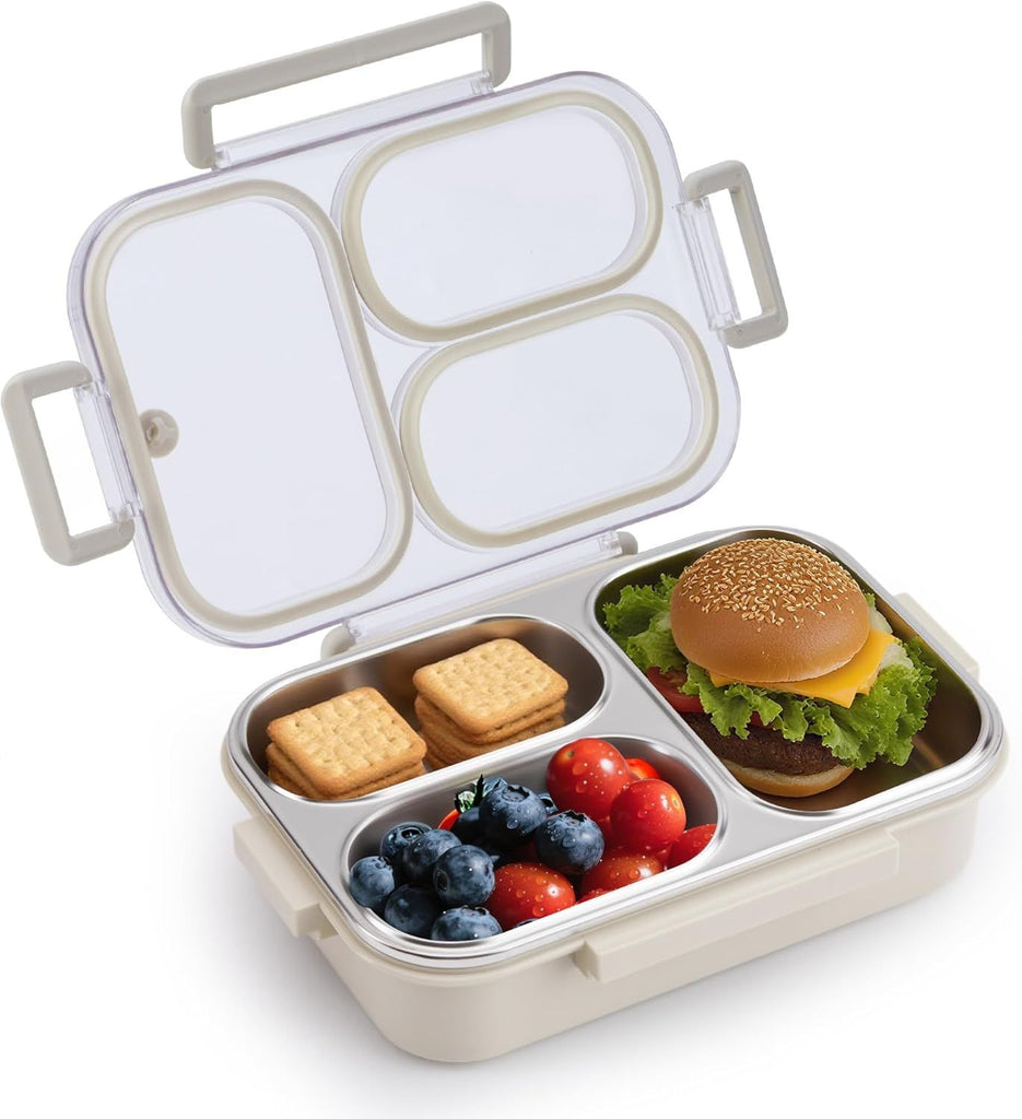 Stainless Steel Bento Box Kids & Adults - 25 oz Leakproof Lunch Box with 3 Compartments, Premium 304 Stainless Steel Lunch Box for Kids, Dishwasher Safe, Suitable for School, Office, Outside