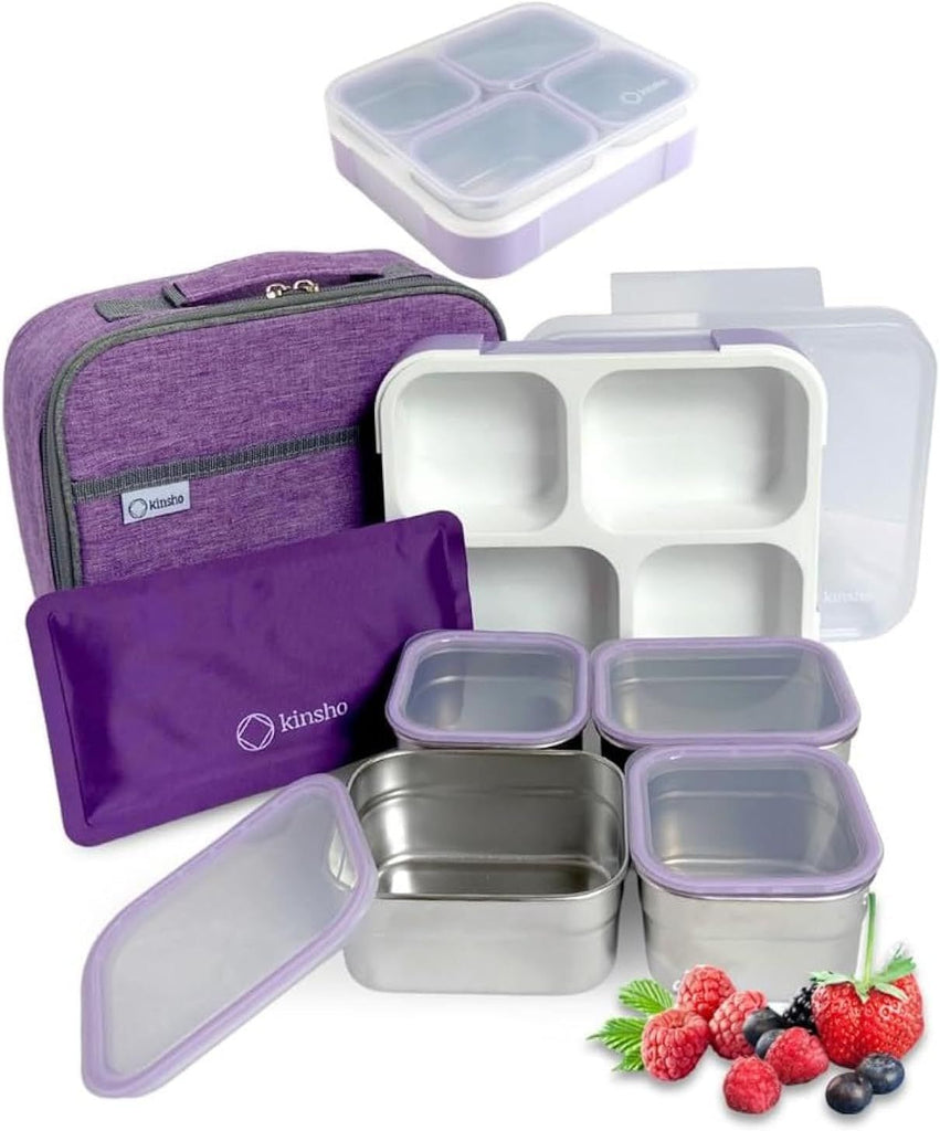 Stainless Steel Bento Lunch Box Set for Adults, Kids - Insulated Bag and Ice Pack - Leak-Proof Metal Compartment Meal Prep Food & Snack Containers for Work Travel School Daycare, 36 oz Purple