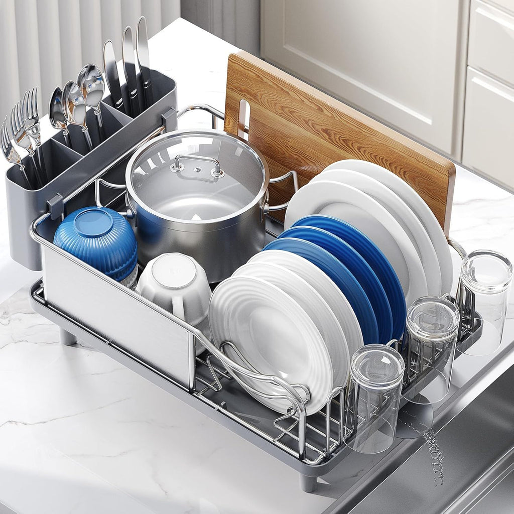 Stainless Steel Dish Drying Rack - Large Capacity Kitchen Counter Organizer with Drain Board, Utensil Holder & Detachable Cup Shelf, 304 Surgical-Grade Rust-Proof Dish Drainer, Easy Assembly