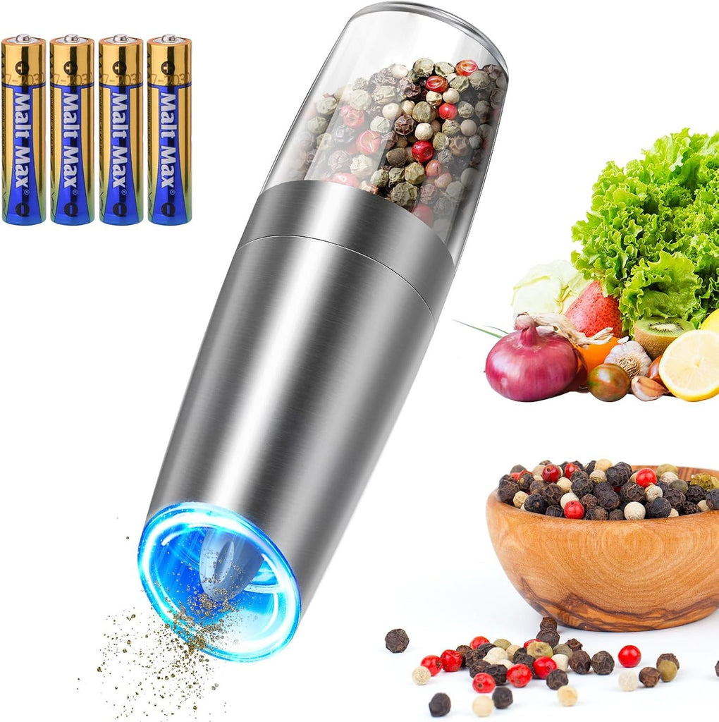 Stainless Steel Graviry Electric Pepper Grinder Automatic Salt Grinder Pepper Griner Mill Electric, Battery Operated, LED Light, Adjustable Coarseness, for Home Kitchen BBQ, Silver
