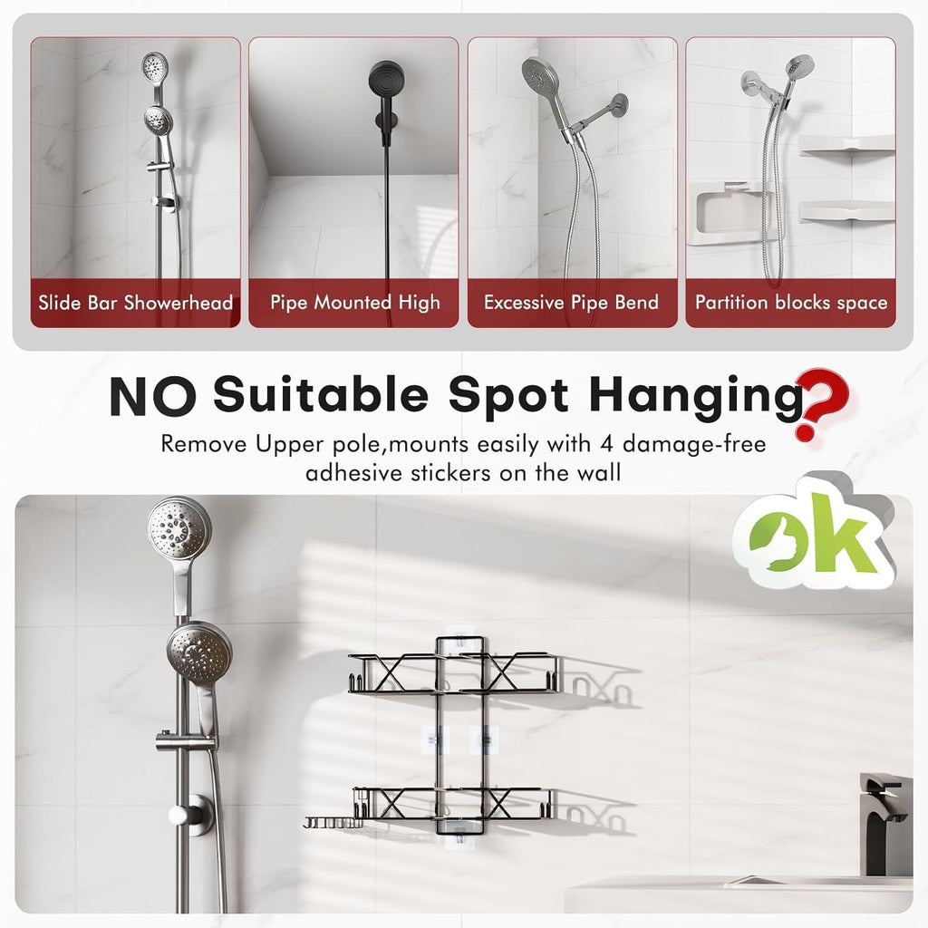Stainless Steel Hanging Shower Caddy for Handheld Shower Heads,Adjustable Height Extra Long Bathroom Shower Organizer Hanger Rack with Hooks,Soap Holder