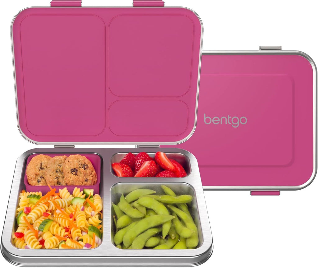 Stainless Steel Leak-Resistant Lunch Box - 3-Compartments with Bonus Silicone Container, Durable, Eco-Friendly, Dishwasher Safe, BPA-Free, Ideal for School, Ages 3+ (Fuchsia)