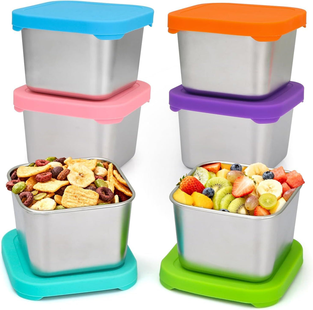 Stainless Steel Snack Containers, 6 oz Small Food Storage Containers with Silicone Lids - Leak Proof & Easy Open, 6 Pack Stackable Metal Lunch Containers for Travel, Kitchen