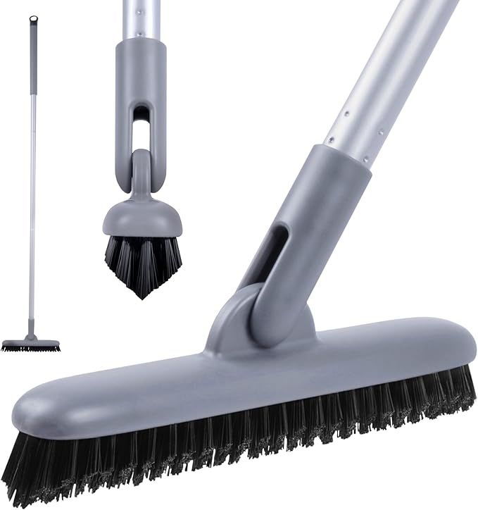 Standard Grout Scrub Brush with Long Handle, 50'' Tile Grout Scrubber, V-Shape Crevice Cleaning Brush for Hard to Reach Areas, 180° Rotation Grout Cleaner for Tile Floors, Baseboards and Corners