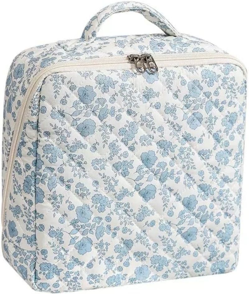 Standing Makeup Bag,Travel Makeup Bag with Magnetic Fold-Down Flap Cosmetic Bag with Compartments,Portable Brush Storage Multi-Zone Standing Storage (Blue floral)