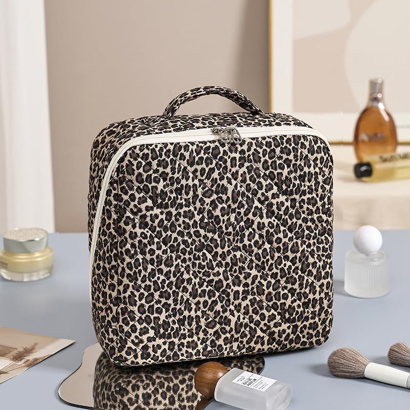 Standing Makeup Bag,Travel Makeup Bag with Magnetic Fold-Down Flap Cosmetic Bag with Compartments,Portable Brush Storage Multi-Zone Standing Storage (leopard)