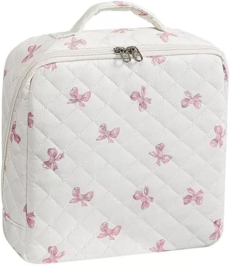 Standing Makeup Bag,Travel Makeup Bag with Magnetic Fold-Down Flap Cosmetic Bag with Compartments,Portable Brush Storage Multi-Zone Standing Storage (pink bow)