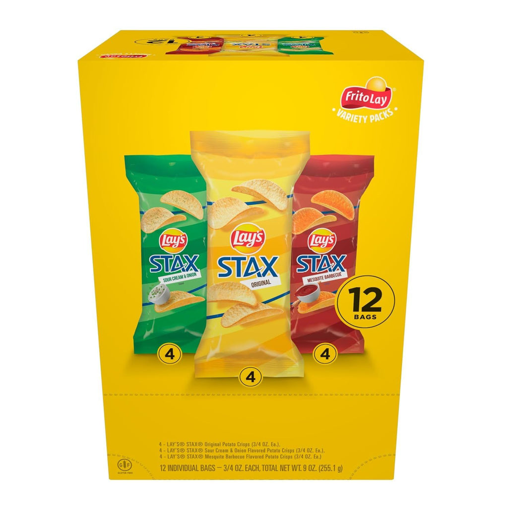Stax Potato Crisps Chips, Variety Pack, Gluten Free, 0.75 Oz Canisters, 12 Pack