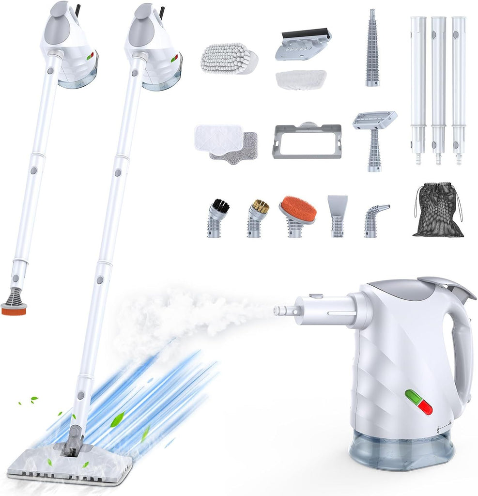 Steam Cleaner, Steam Mop & Detachable Handheld Steam Cleaner with 320ml Water Tank, 10s Fast Heating, Portable Steamer for Kitchen, Floor, Tiles, Window, BBQ Grill, Car, Bright White