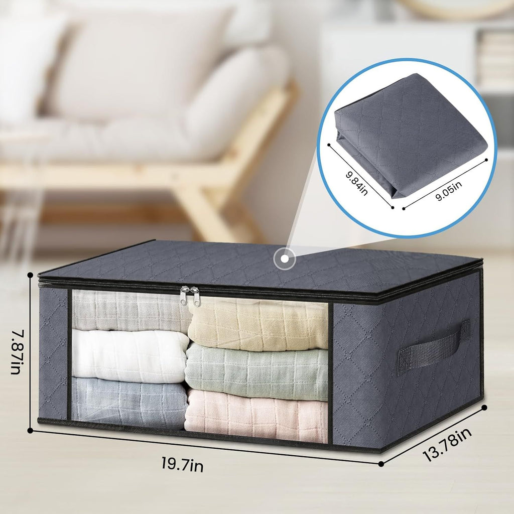 Storage 3-Pack Clothes Organizer Storage Bags Foldable Storage Box with Large Clear Window Sturdy Handles for Closet, Dorm, Pillows, Bedding, Clothes, Blankets, 35L, Gray