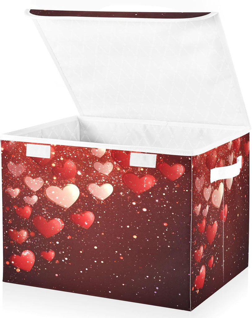Storage Bins with Lids and Handles,Valentine Red Heart Storage Box Storage Basket with Cover Collapsible Organizer Containers for Home Closet, Shelves