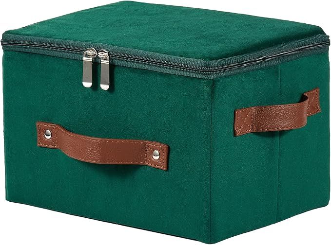Storage Bins with Zipper Lid Velvet Fabric Storage Boxes Lidded Baskets Foldable Washable Decorative Closet Shelf Clothes Organizer Container with PU Leather Handles (Deep Green, Small)