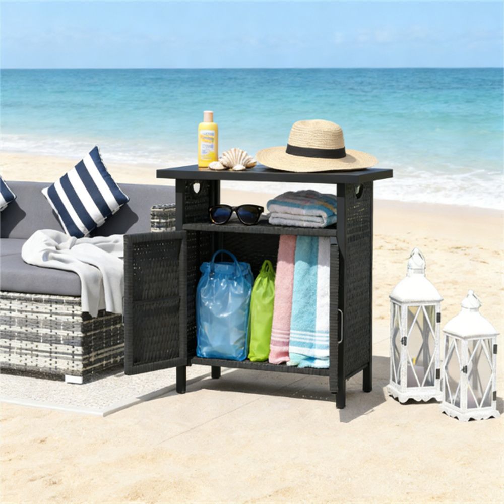 Storage cabinet, outdoor bar table, towel rack