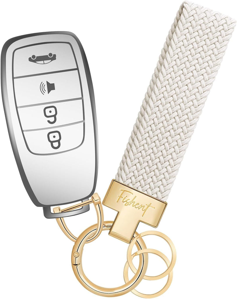 Stretchy Car Keychain, Nylon Braided Cool Key Chain for Women Men, Universal Key Fob Holder with 3 Keyrings, Anti-Lost D-Ring, Car Accessories, Starlight