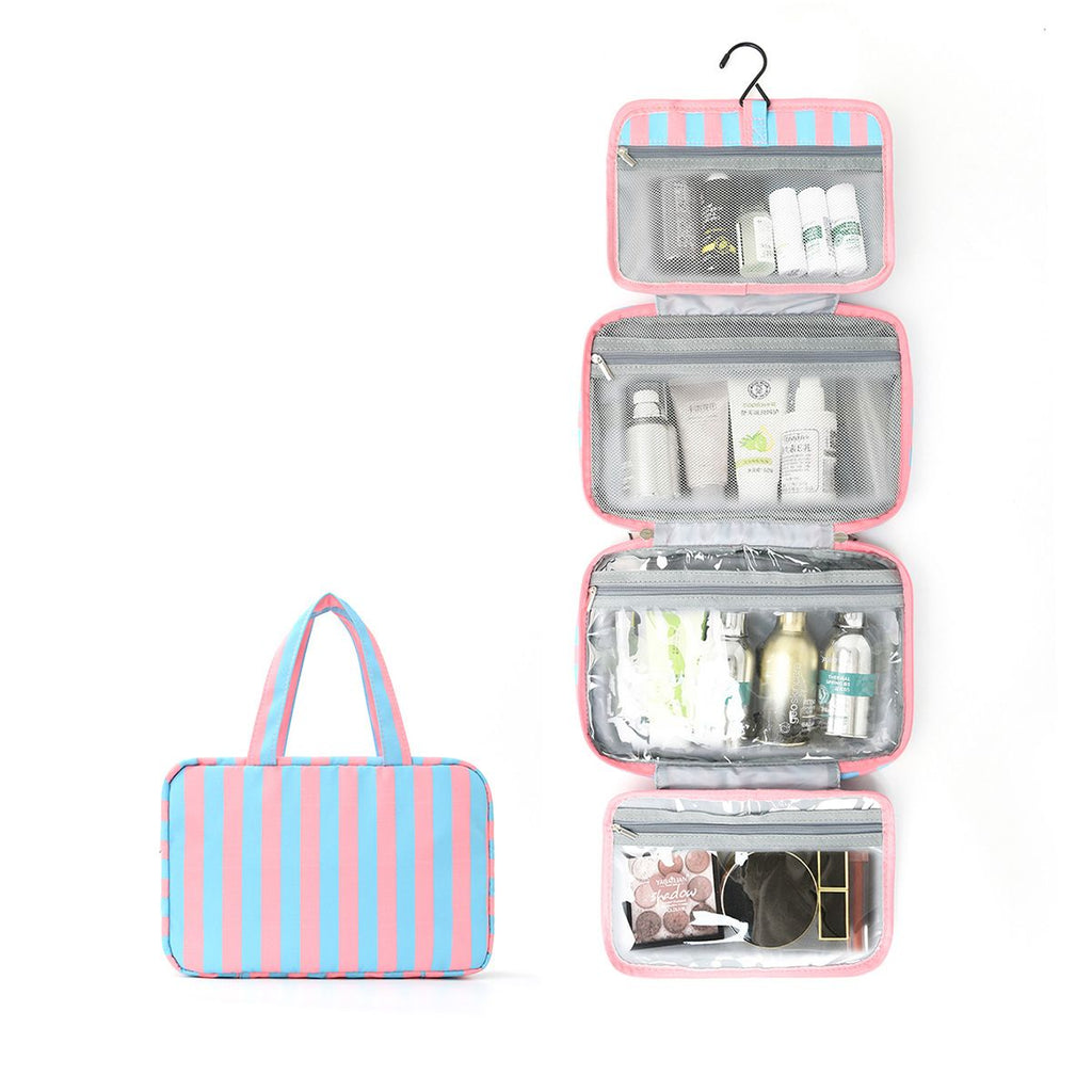 Striped Hanging Travel Toiletry Bag, 4 in 1 Detachable Cosmetic Organizer with Hook, Pink Blue Stripe Waterproof Makeup Wash Bag for Women Vacation