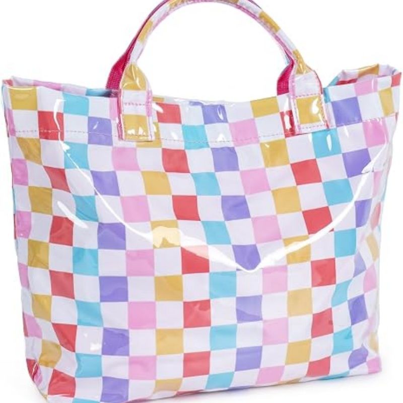 Striped PVC Tote Bag for Women, Waterproof Plastic Handbag for Beach Pool, Topbag for Girls Summer Vacation Travel