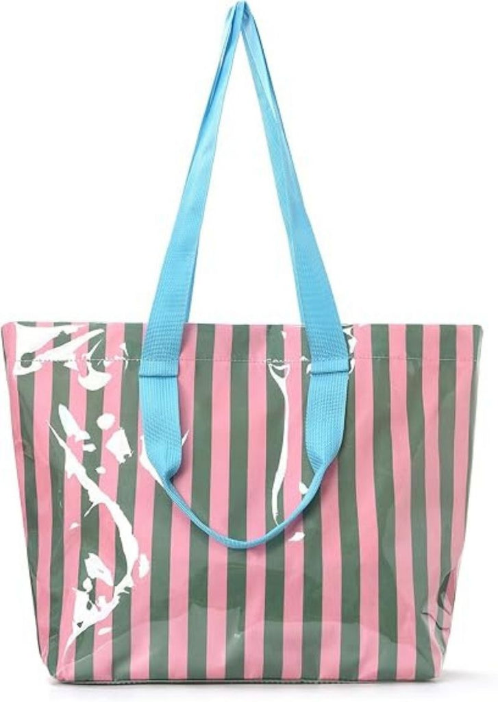 Striped PVC Tote Bag Waterproof Beach Bag Striped Shoulder Purse Plastic Top Handle Handbag for Summer & Pool Use