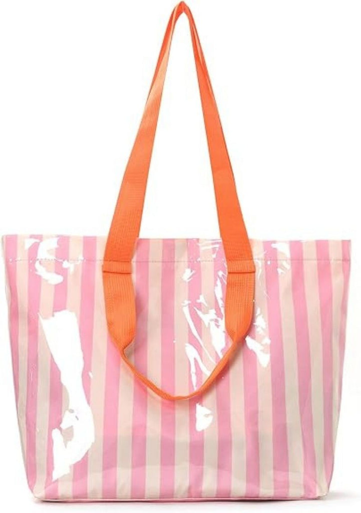 Striped PVC Tote Bag Waterproof Beach Bag Striped Shoulder Purse Plastic Top Handle Handbag for Summer & Pool Use