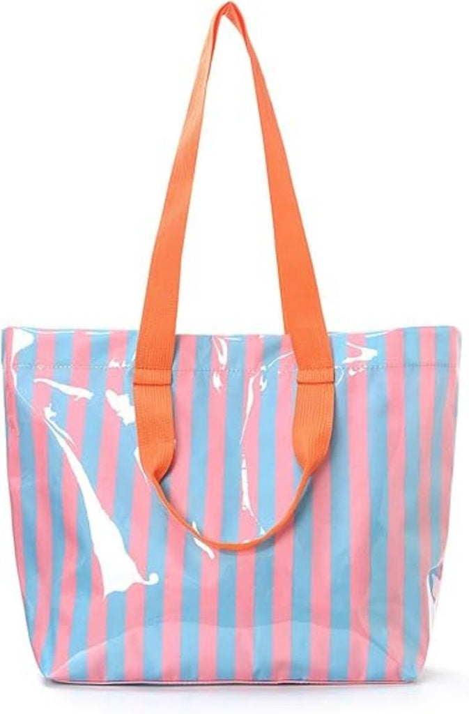 Striped PVC Tote Bag Waterproof Beach Bag Striped Shoulder Purse Plastic Top Handle Handbag for Summer & Pool Use